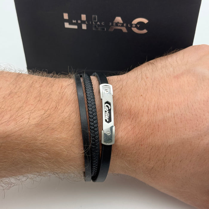 Men's Black Leather Bracelet with Silver 'Cartier'-Style Accent
