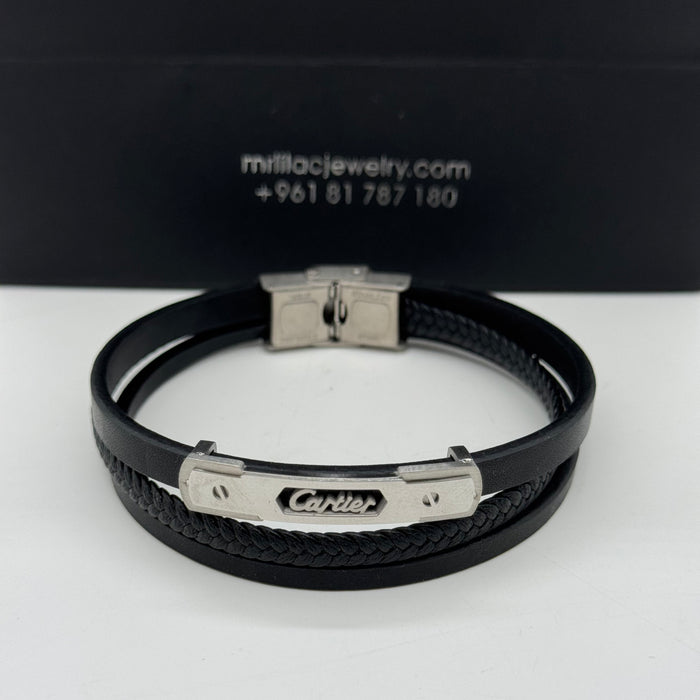 Men's Black Leather Bracelet with Silver 'Cartier'-Style Accent