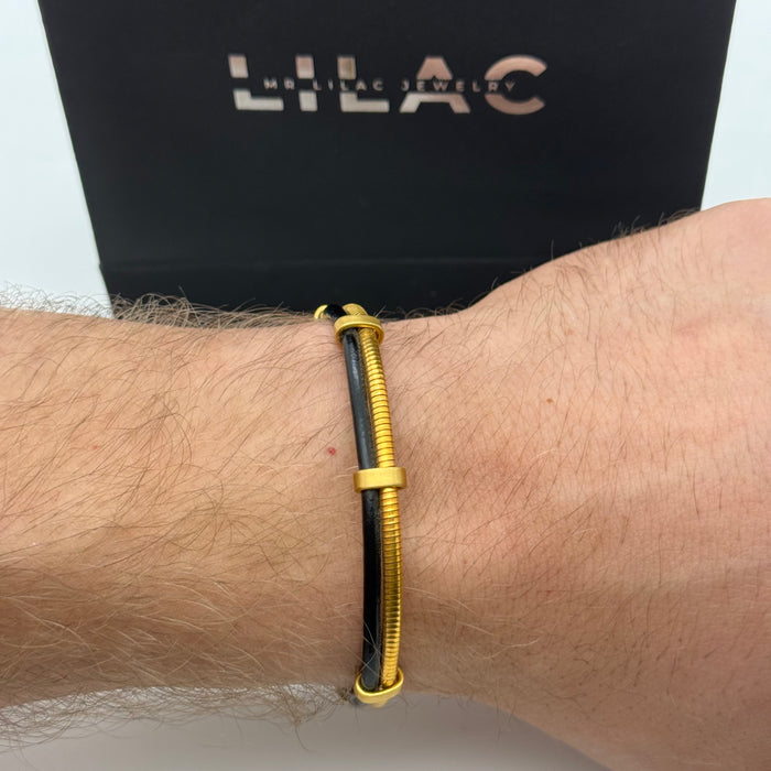 Men's Black Leather & Gold Stainless Steel Cable Bracelet