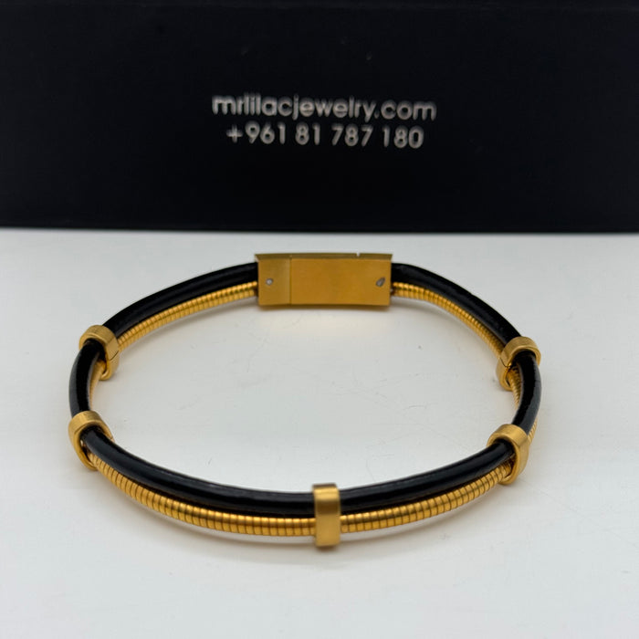 Men's Black Leather & Gold Stainless Steel Cable Bracelet