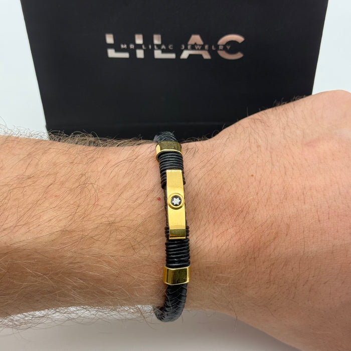 Montblanc-Inspired Black Braided Leather Bracelet with Gold Accents