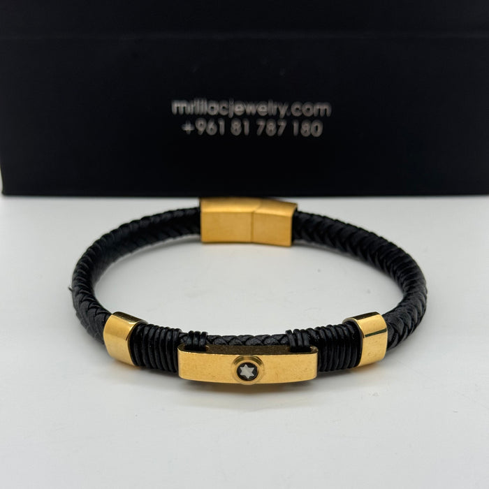 Montblanc-Inspired Black Braided Leather Bracelet with Gold Accents