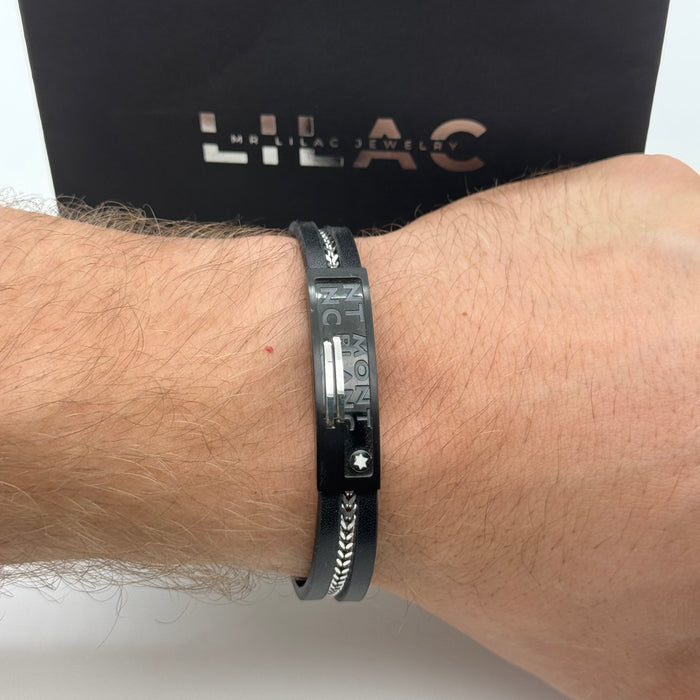 Montblanc-Inspired Black Leather Bracelet with Silver Chain Detail