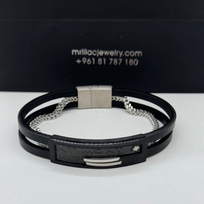 Montblanc-Inspired Black Leather Bracelet with Silver Chain Detail