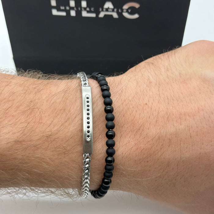 Men's Dual Bracelet Set – Matte Beads & Silver Steel Chain