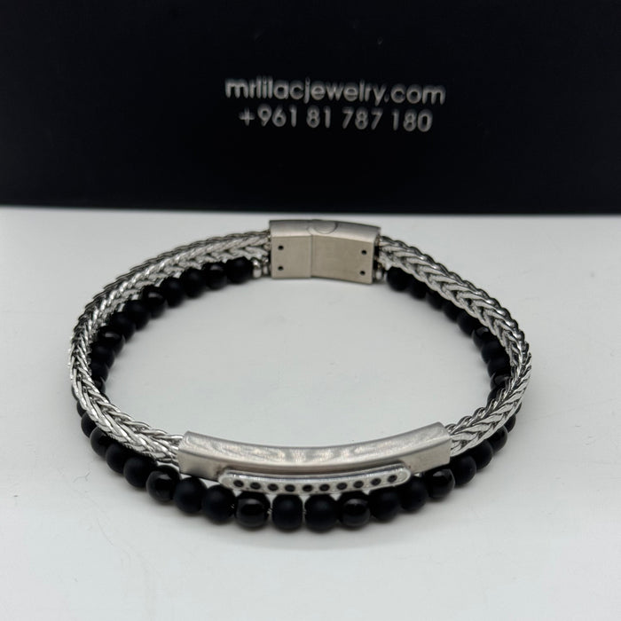 Men's Dual Bracelet Set – Matte Beads & Silver Steel Chain