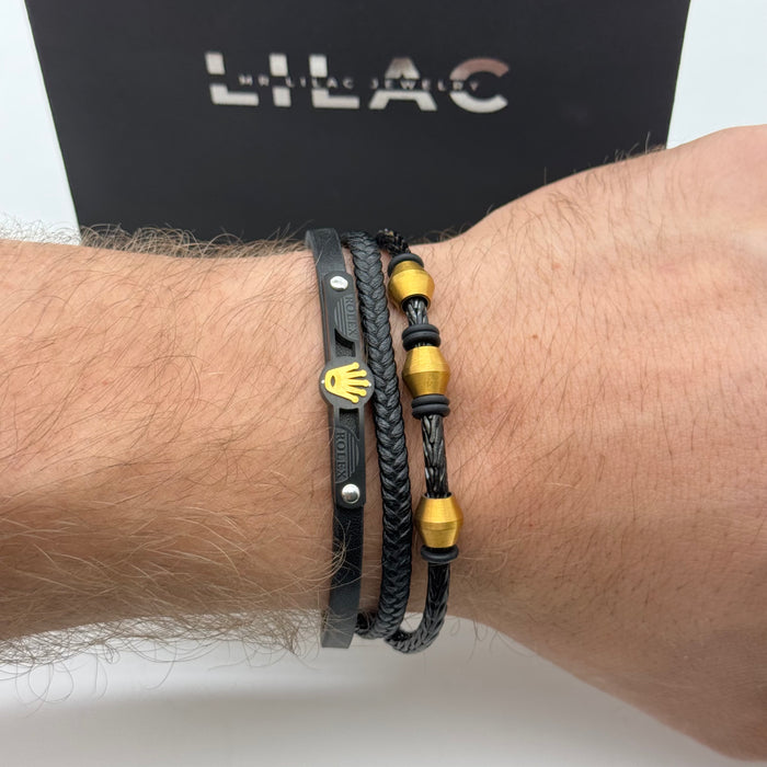 Rolex-Inspired Black Leather Bracelet with Gold Accents