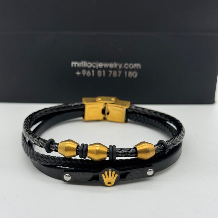 Rolex-Inspired Black Leather Bracelet with Gold Accents