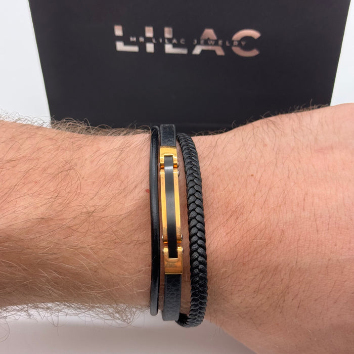 Men's Black Leather Bracelet with Gold & Black Steel Bar