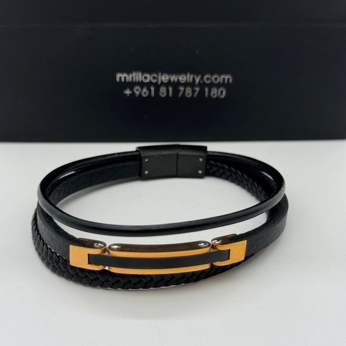 Men's Black Leather Bracelet with Gold & Black Steel Bar