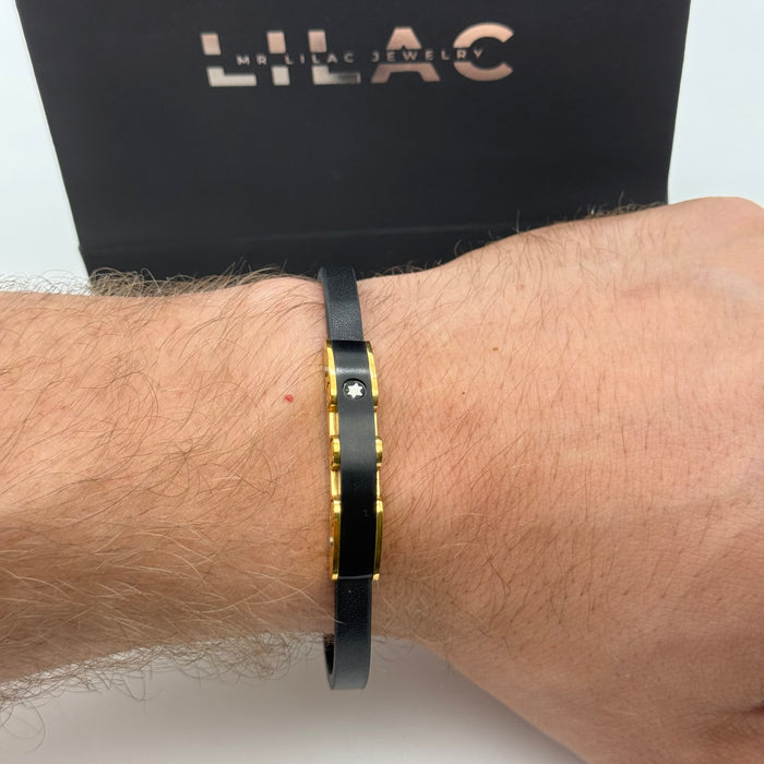 Slim Montblanc-Inspired Leather Bracelet with Gold Accents