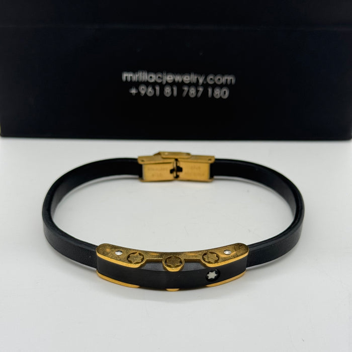 Slim Montblanc-Inspired Leather Bracelet with Gold Accents