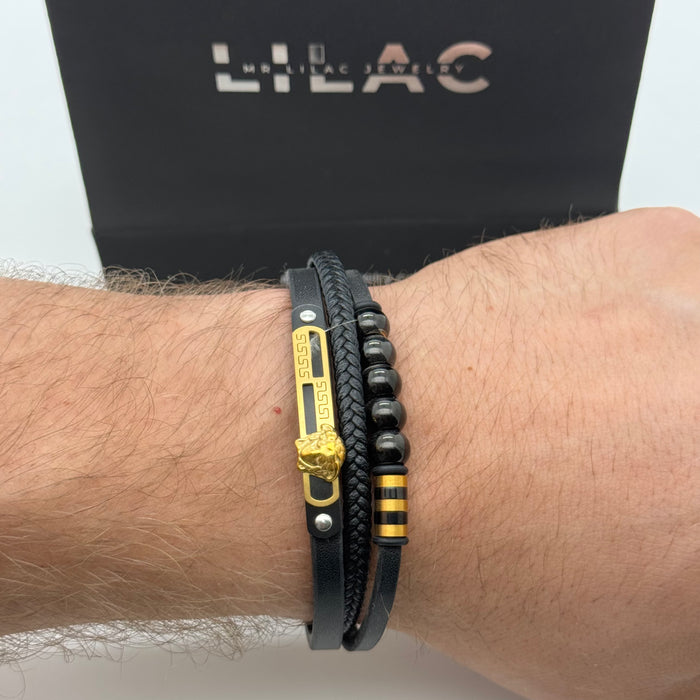 Men’s Black Leather & Beaded Bracelet Set with Gold Lion Accent