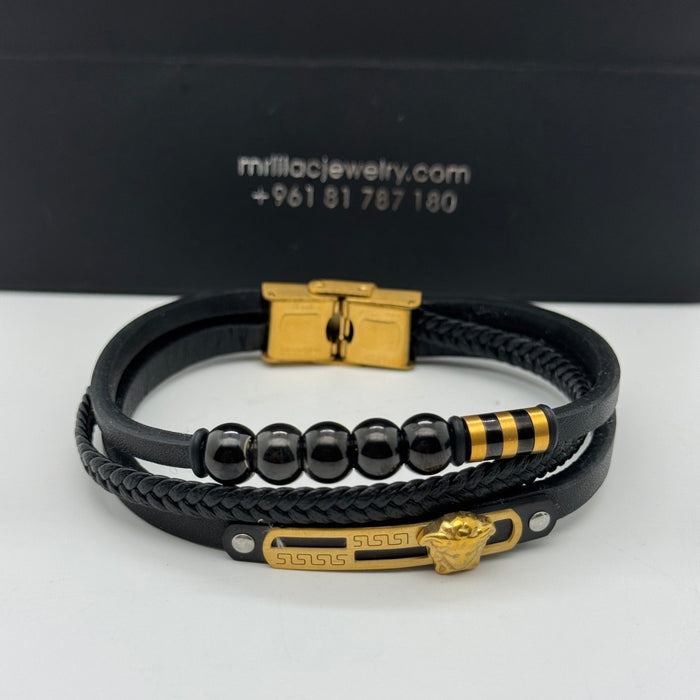 Men’s Black Leather & Beaded Bracelet Set with Gold Lion Accent