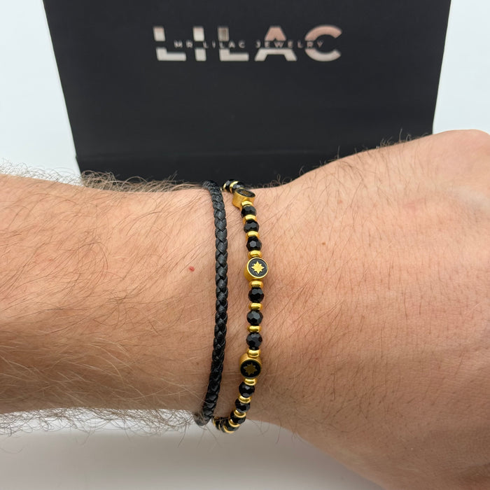 Men’s Double-Strand Bracelet – Black Beads & Braided Leather with Gold Star Accents