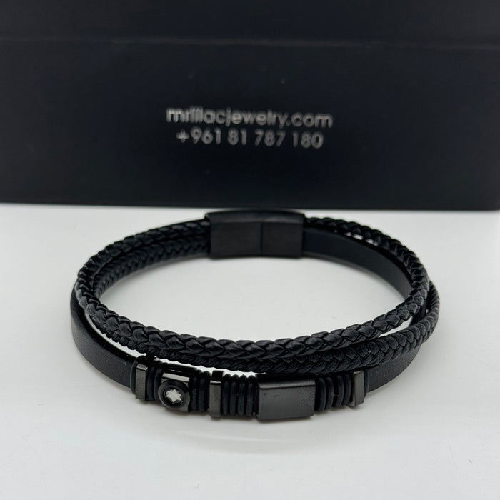 Montblanc-Inspired Black Leather Triple-Strand Bracelet – Matte Edition