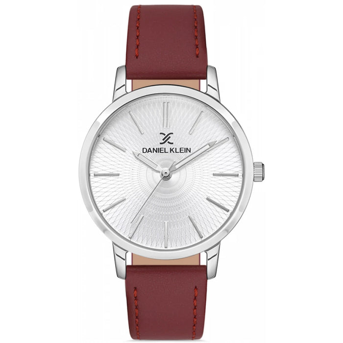 Daniel Klein Women's Silver Dial Watch with Maroon Leather Strap
