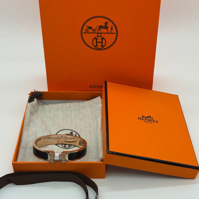 Hermès Clic H Bracelet – Croc Embossed Leather & Crystal H