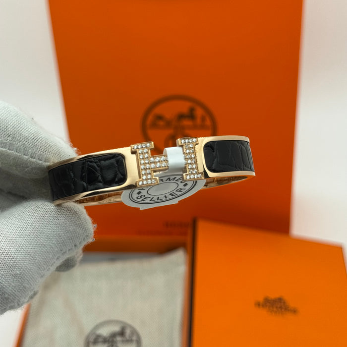 Hermès Clic H Bracelet – Croc Embossed Leather & Crystal H