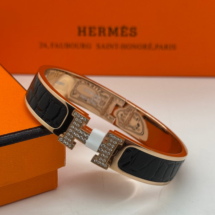Hermès Clic H Bracelet – Croc Embossed Leather & Crystal H