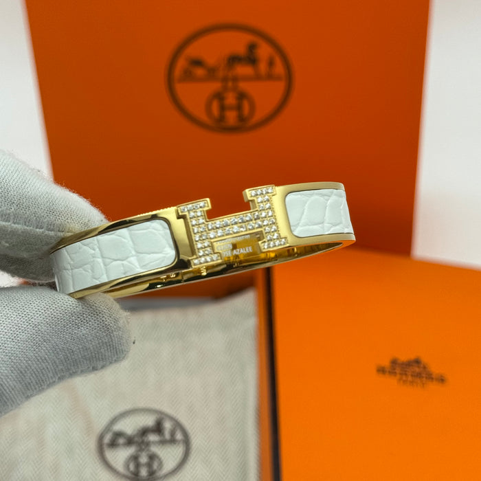Hermès Clic H Bracelet – Croc Embossed Leather & Crystal H