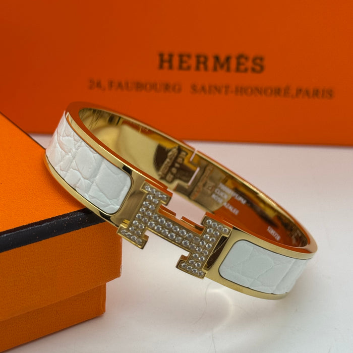 Hermès Clic H Bracelet – Croc Embossed Leather & Crystal H