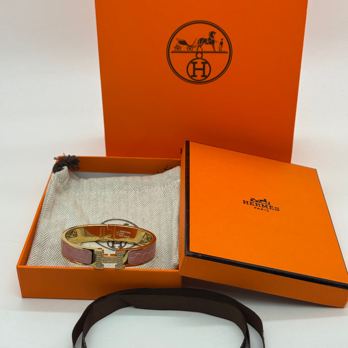 Hermès Clic H Bracelet – Croc Embossed Leather & Crystal H