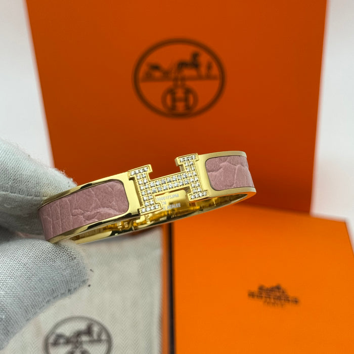 Hermès Clic H Bracelet – Croc Embossed Leather & Crystal H