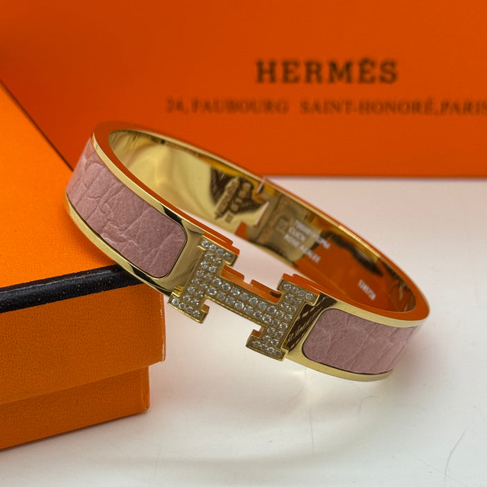 Hermès Clic H Bracelet – Croc Embossed Leather & Crystal H