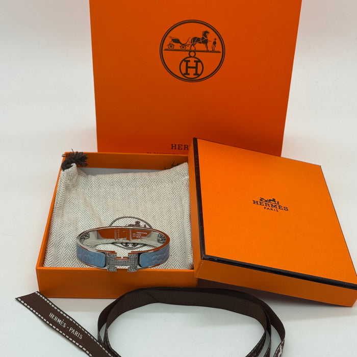Hermès Clic H Bracelet – Croc Embossed Leather & Crystal H