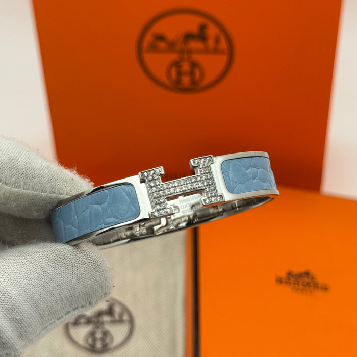 Hermès Clic H Bracelet – Croc Embossed Leather & Crystal H
