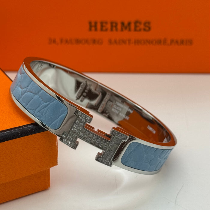 Hermès Clic H Bracelet – Croc Embossed Leather & Crystal H