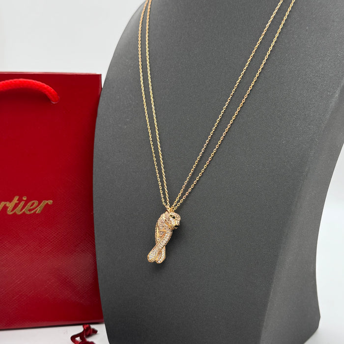 Cartier Panthère Double Chain Necklace – Pavé Panther Pendant (Gold-Silver-Rose Gold)