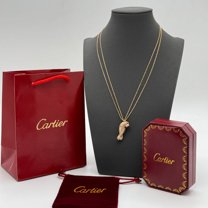 Cartier Panthère Double Chain Necklace – Pavé Panther Pendant (Gold-Silver-Rose Gold)