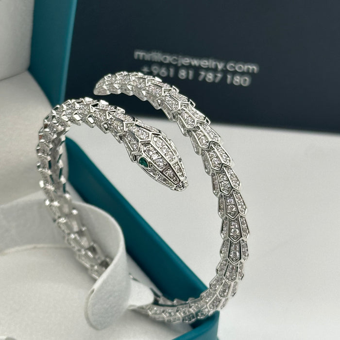 Silver Serpent Wrap Bangle with Emerald Eye