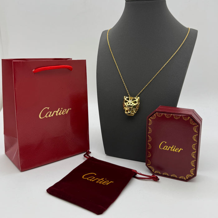 Cartier Panthère Geometric Necklace – 3D Panther Head Pendant (Gold-Silver & Rose Gold)