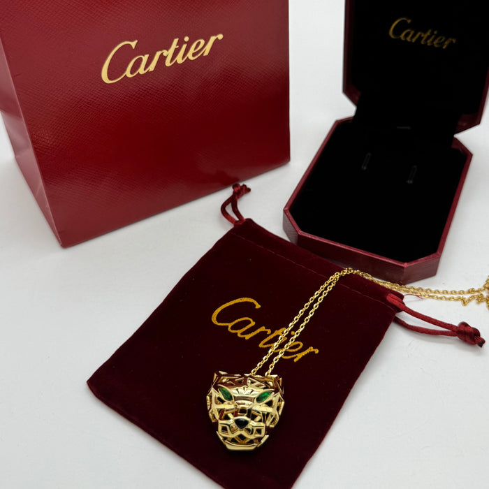 Cartier Panthère Geometric Necklace – 3D Panther Head Pendant (Gold-Silver & Rose Gold)