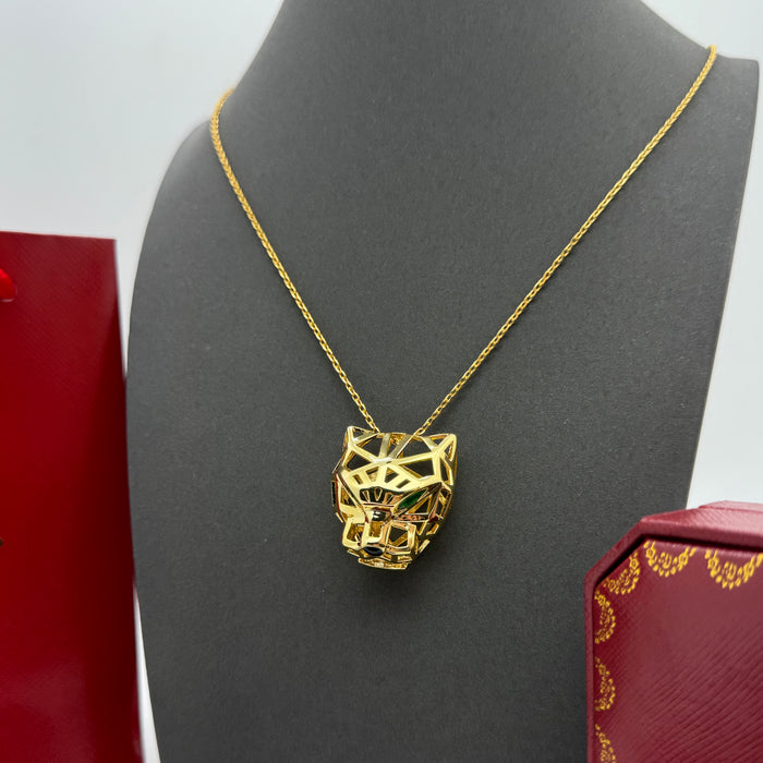 Cartier Panthère Geometric Necklace – 3D Panther Head Pendant (Gold-Silver & Rose Gold)