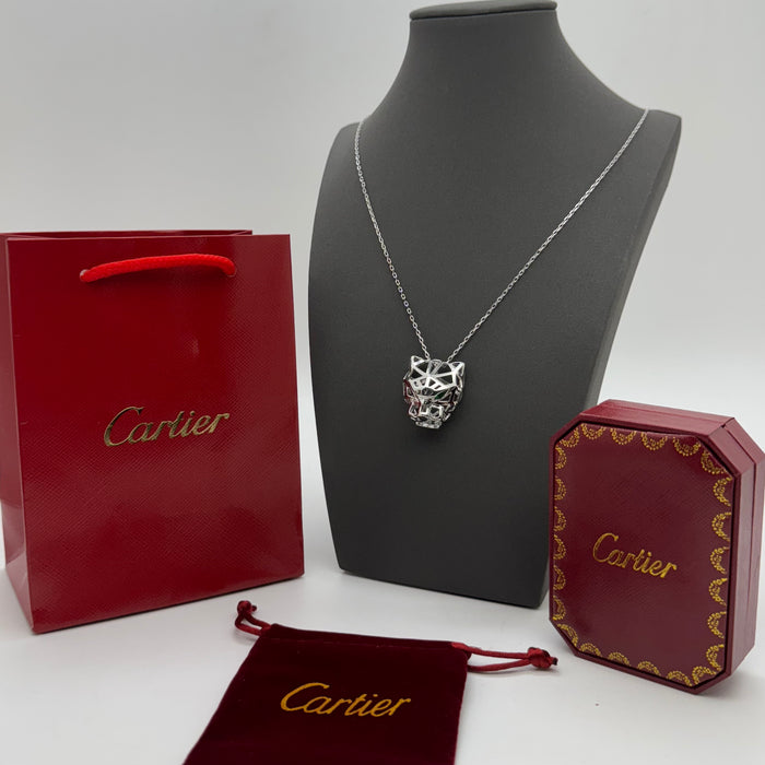 Cartier Panthère Geometric Necklace – 3D Panther Head Pendant (Gold-Silver & Rose Gold)