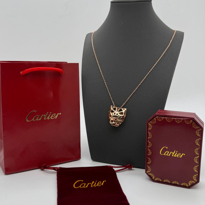 Cartier Panthère Geometric Necklace – 3D Panther Head Pendant (Gold-Silver & Rose Gold)