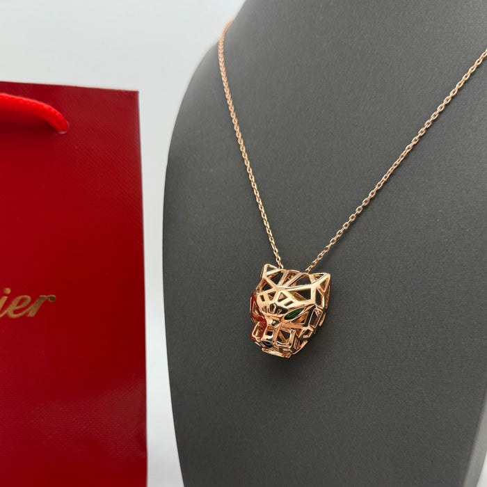 Cartier Panthère Geometric Necklace – 3D Panther Head Pendant (Gold-Silver & Rose Gold)
