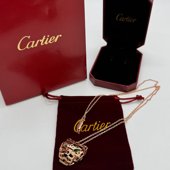 Cartier Panthère Geometric Necklace – 3D Panther Head Pendant (Gold-Silver & Rose Gold)