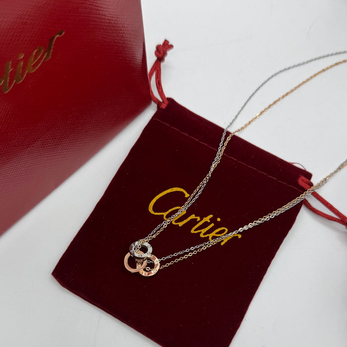Cartier Trinity Double Chain Necklace – Classic Three-Ring Pendant (Tri-Color Gold)