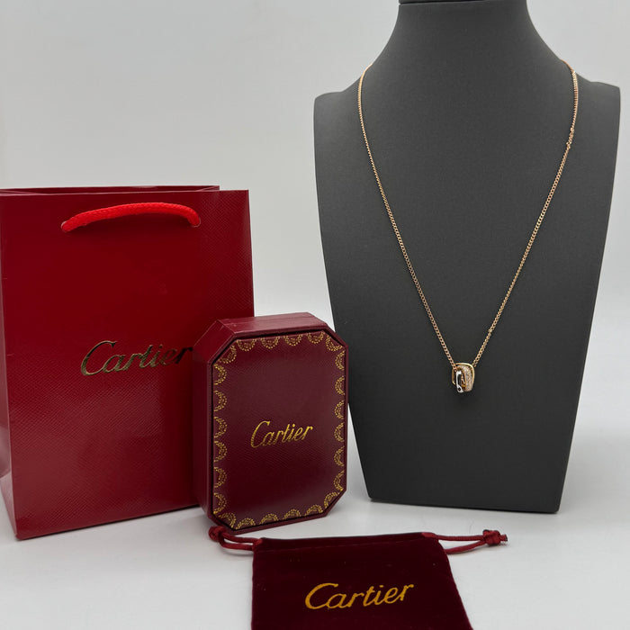 Cartier Trinity Knot Necklace – Tri-Color Interlocked Rings with Crystal Detailing