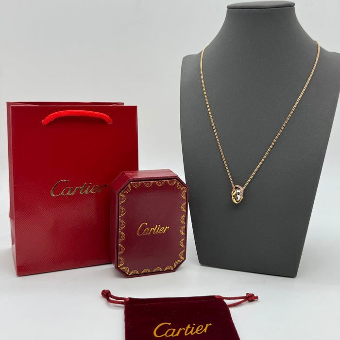 Cartier Trinity Knot Necklace – Tri-Color Interlocked Rings with Crystal Detailing