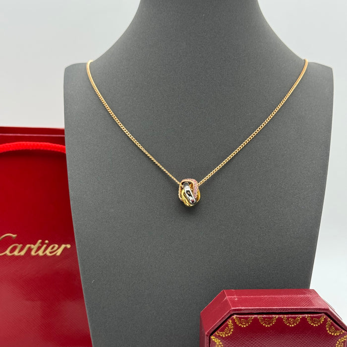 Cartier Trinity Knot Necklace – Tri-Color Interlocked Rings with Crystal Detailing