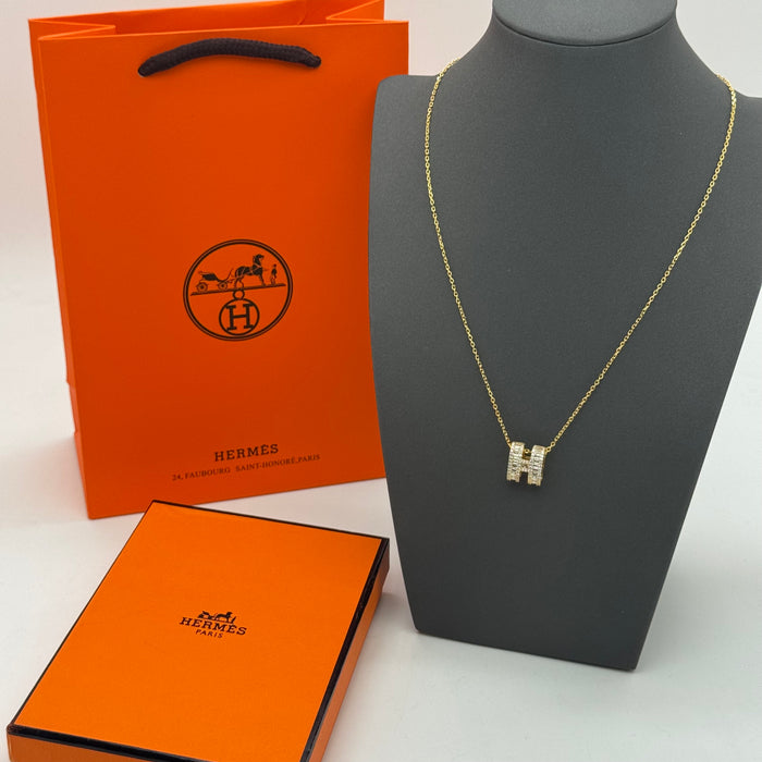 Hermès “H” Diamond Pavé Pendant Necklace in Gold - Rose Gold & Silver