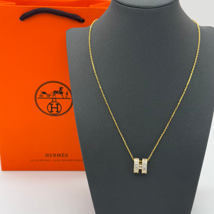 Hermès “H” Diamond Pavé Pendant Necklace in Gold - Rose Gold & Silver