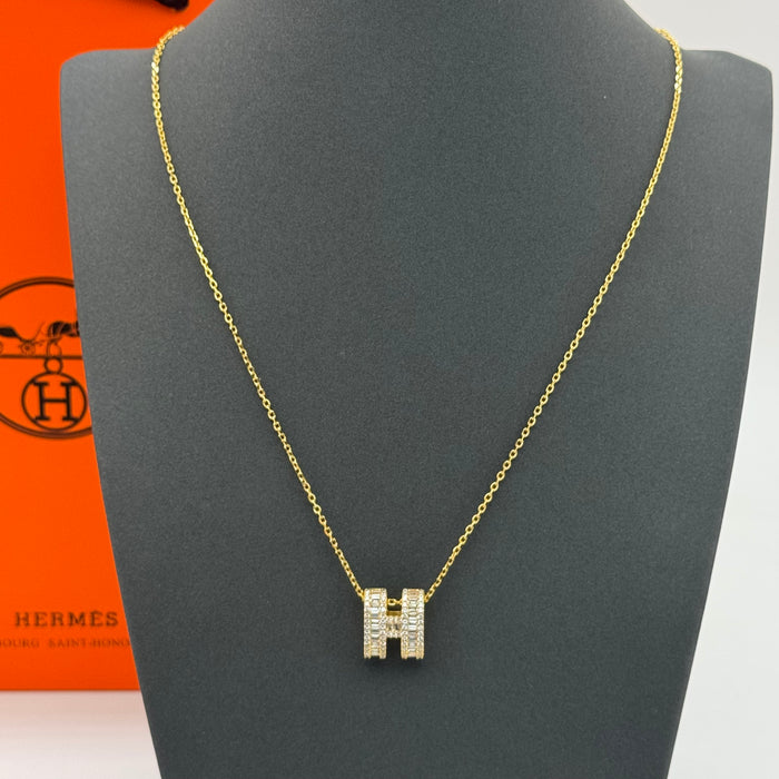 Hermès “H” Diamond Pavé Pendant Necklace in Gold - Rose Gold & Silver