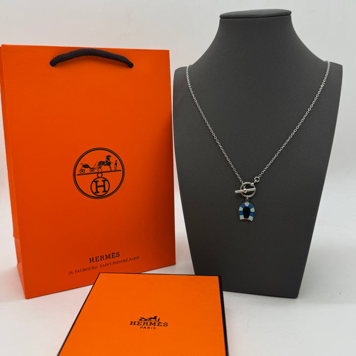 Hermès Lucky Horseshoe Enamel Necklace — Silver & Blue
